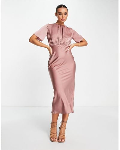 ASOS Bridesmaid Satin Midi Dress With Flutter Sleeve And Open Back - Pink