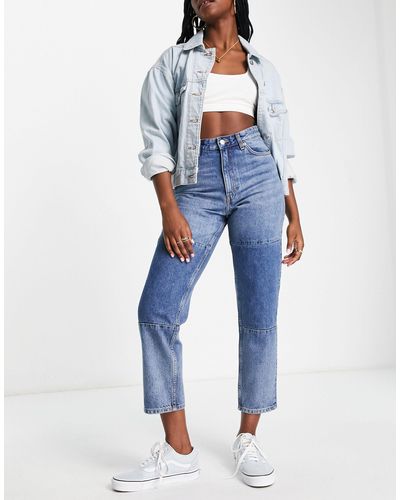Monki Taiki Mom Jeans With Patches - Blue