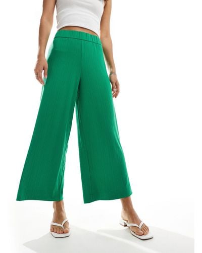 Monki Rib Jersey Cropped Wide Leg Trousers - Green