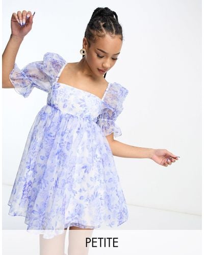 Forever New Vestido corto azul con estampado floral y mangas abullonadas - Blanco
