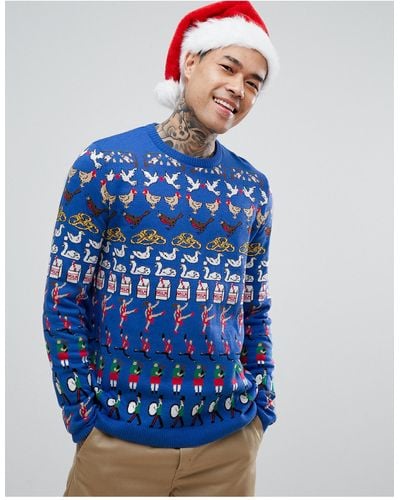 ASOS Asos Christmas Sweater With All Over Design In Cobalt - Blue