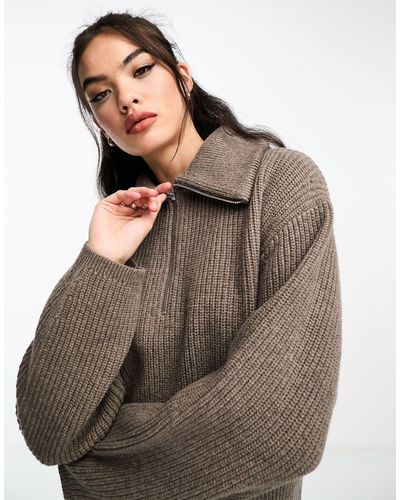 & Other Stories Merino Wool Blend Knitted Chunky Rib Half Zip Sweater - Brown