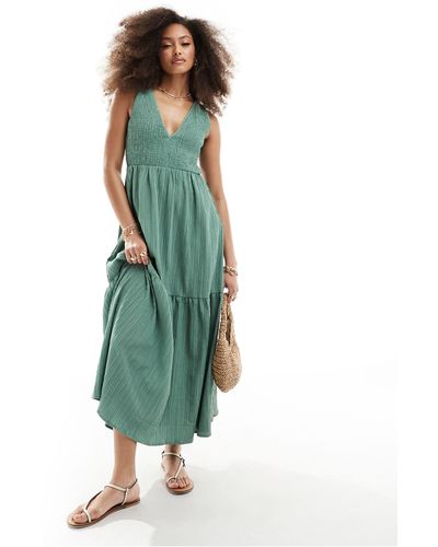 ASOS V-neck Crinkle Midi Sundress With Tiered Skirt - Green