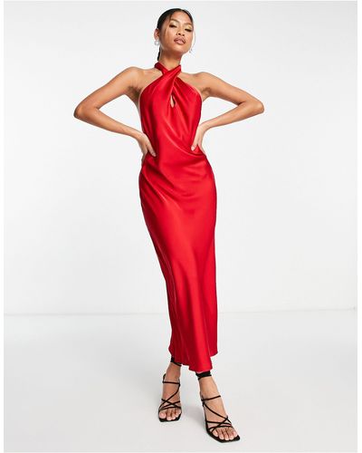Lola May Satijnen Midi-jurk Met Gekruiste Voorkant En Halternek - Rood