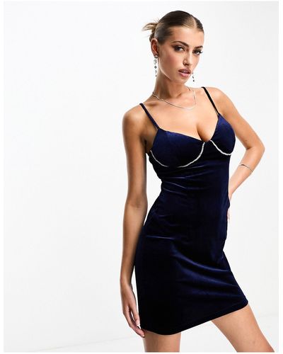 Naanaa Velvet Bodycon Mini Dress With Embellished Cup Detail - Blue