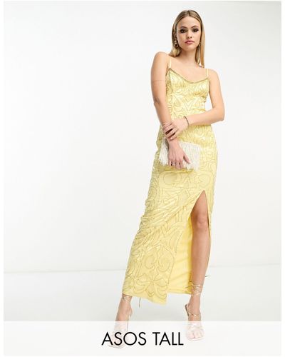 ASOS Asos design tall - vestito midi con spalline sottili e paillettes color limone con cuciture - Metallizzato