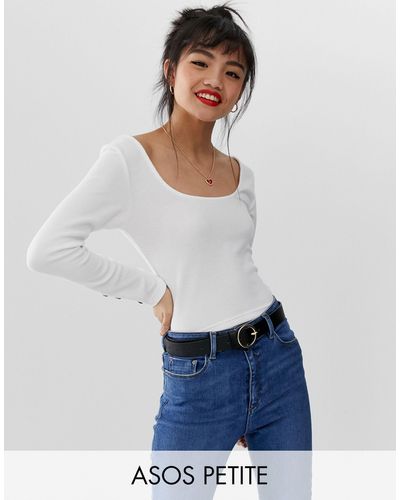 ASOS Asos Design Petite Crop Top With Scoop Neck And Long Sleeve With Buttons - White