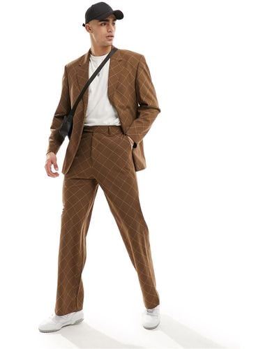 ASOS Wide Leg Bias Cut Check Suit Trouser - Brown