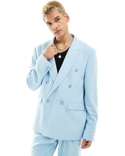 Viggo Zidan Printed Double Breasted Suit Jacket - Blue