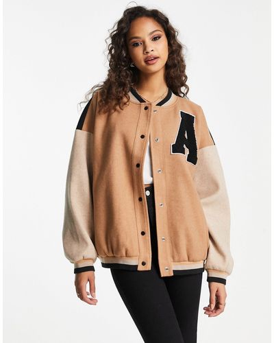 In The Style Contrast Oversized Varsity Bomber Jacket - Natural