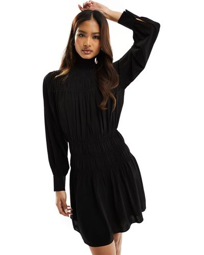 & Other Stories Frill High Neck Long Sleeve Dress With Puff Sleeves - Black