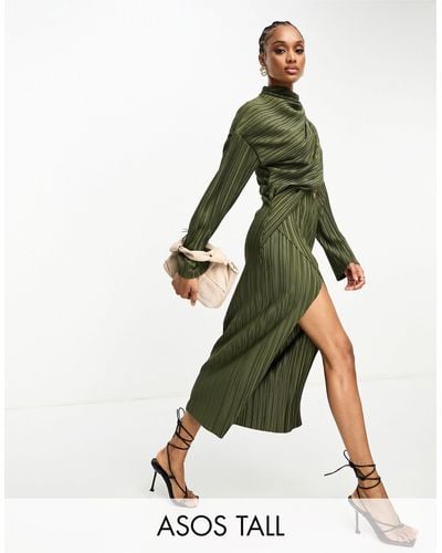 ASOS Asos Design Tall Plisse Cut Out Dress With Wide Sleeve And Side Twist Midi Dress - Green