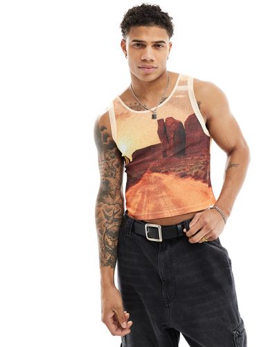 ASOS Muscle Fit Vest With Scenic All Over Print - Blue