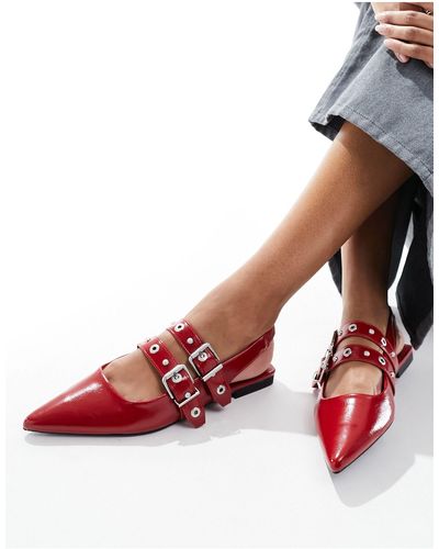 Stradivarius Buckle Detail Slingback Ballet Shoes - Red