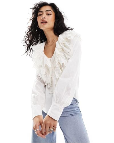 & Other Stories Long Sleeve Relaxed Blouse With V Neck Double Ruffle Detail - White