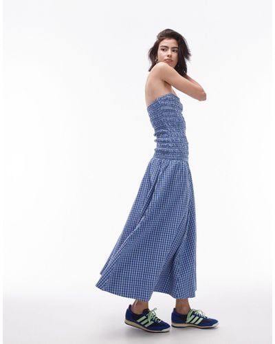 TOPSHOP Shirring Check Bandeau Maxi Dress - Blue
