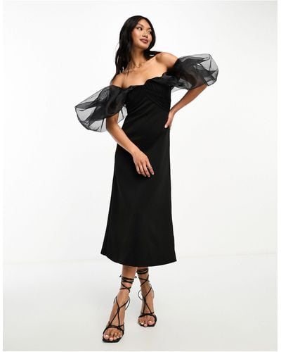 ASOS Off Shoulder Organza Puff Sleeve Soft Line Midi Dress - Black
