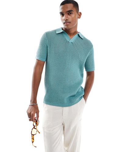 ASOS Lightweight Knitted Pointelle Notch Neck Polo - Blue