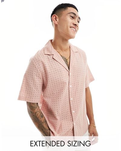 ASOS Short Sleeve Relaxed Fit Revere Collar Broderie Shirt - Pink