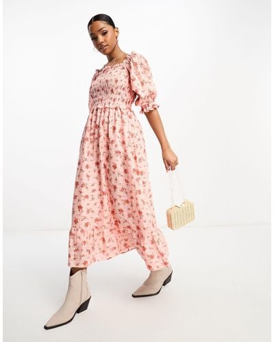 Miss Selfridge Textured Shirred Frill Shoulder Midi Dress - Pink