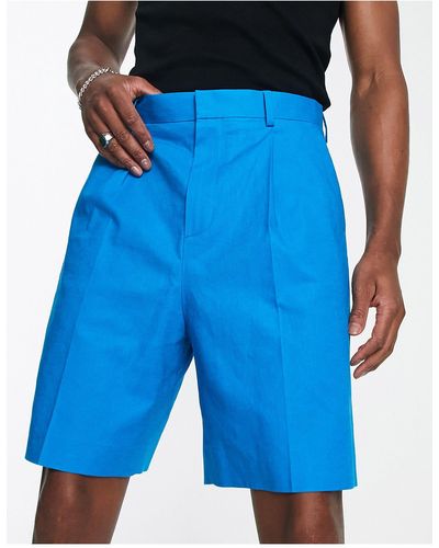 ASOS Smart Wide Linen Mix Shorts - Blue