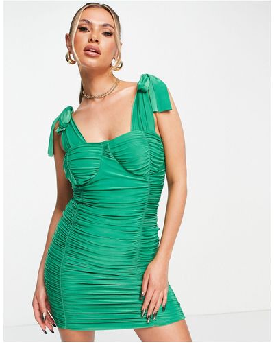 Femme Luxe Ruched Tie Strap Bodycon Mini Dress - Green