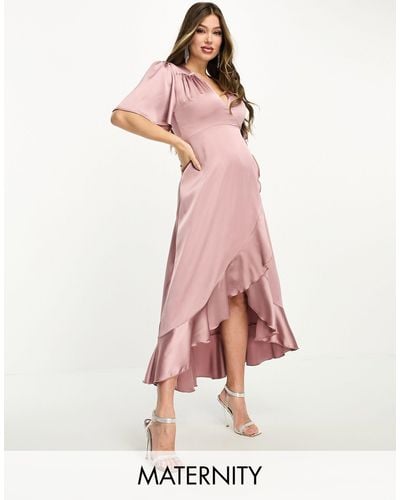 Flounce London Wrap Front Satin Midi Dress With Flutter Sleeves - Pink