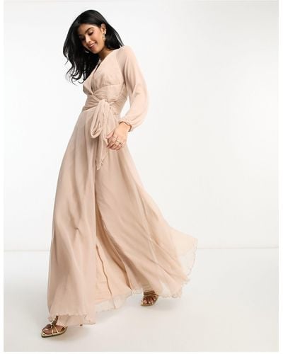 ASOS Bridesmaid Long Sleeve Ruched Maxi Dress With Wrap Skirt - Natural