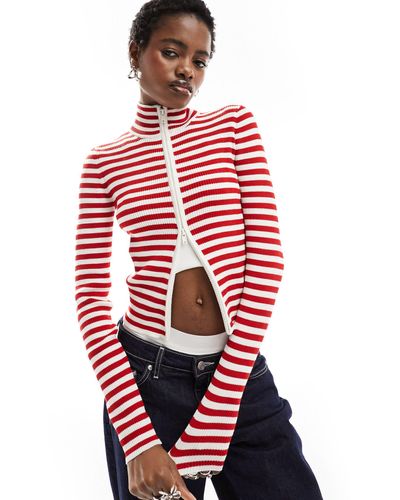 Monki Cropped Knitted Cardigan With Front Zip - Red