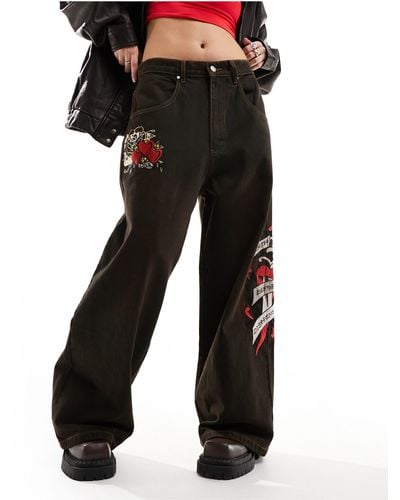 Ed Hardy Super Relaxed Skater Jeans With Embroidery - Black