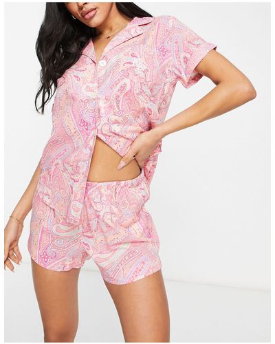 Lauren by Ralph Lauren – kurzer, gewebter pyjama mit paisleymuster und knopfleiste - Pink