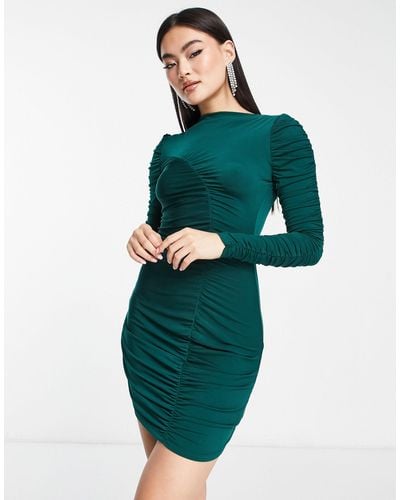 Trendyol Long Sleeve Bodycon Dress With Asymmetric Stitching - Green