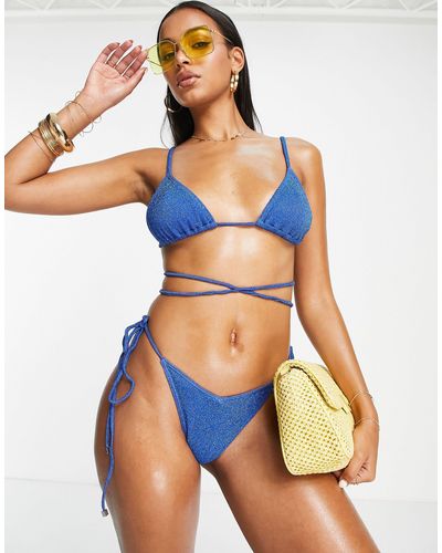 South Beach Mix and match - slip bikini con laccetti laterali color acqua metallizzato - Blu