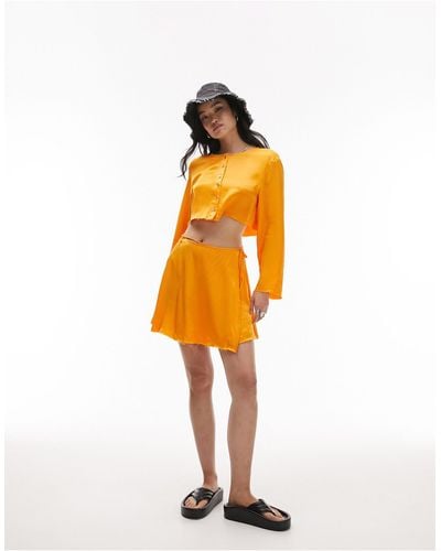 TOPSHOP Co-ord Satin Raw Edge Wrap Mini Skirt - Orange