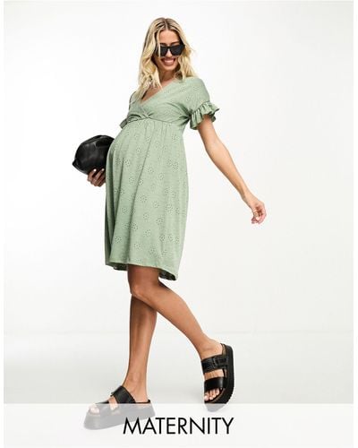 Mama.licious Mamalicious Maternity Broderie Mini Dress With Frill Sleeve - Green