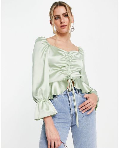 Flounce London Satin Ruched Front Blouse - Green