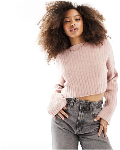 Bershka Ribbed Knitted Cropped Jumper - Pink