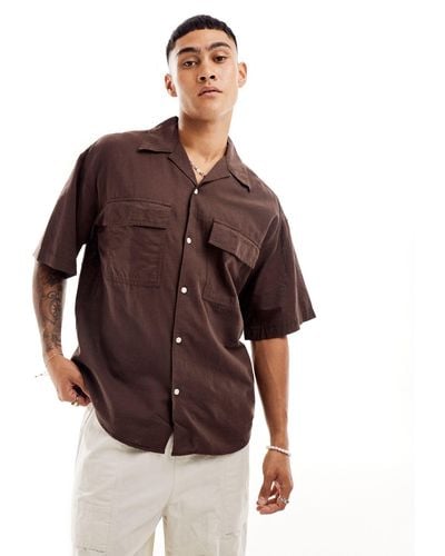 Jack & Jones Oversized Utility Pocket Linen Shirt - Brown