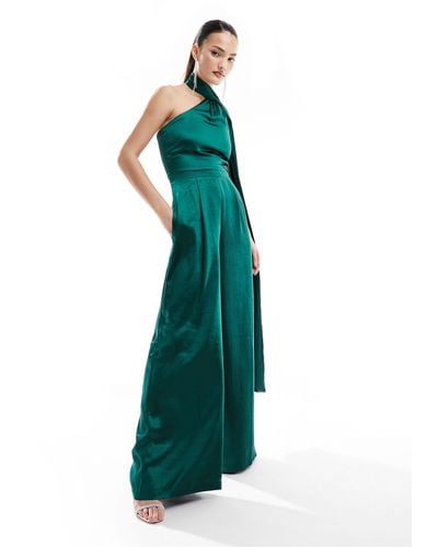 Style Cheat Exclusive Satin Jumpsuit With Scarf - Green