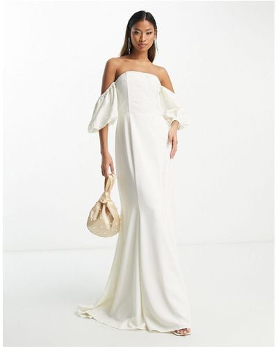 Hope & Ivy Bridal Puff Sleeve Fishtail Maxi Dress - White