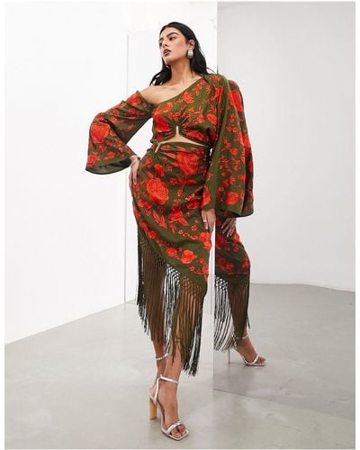ASOS Embroidered Fallen Shoulder Kimono Sleeve Fringe Hem Midi Dress - Green