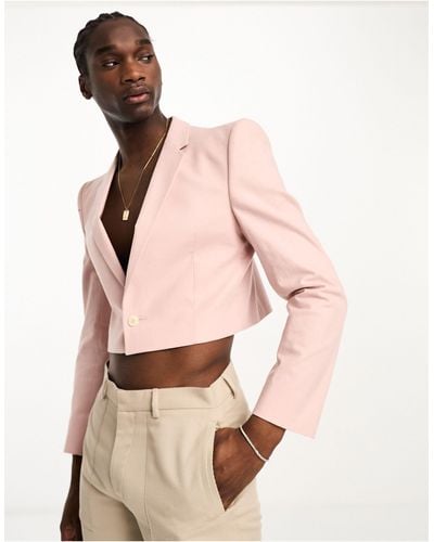 ASOS Cropped Linen Mix Blazer With Square Shoulder - Pink