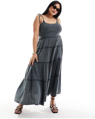 Collusion Plus Double Cloth Shirred Tiered Cami Maxi Dress - Blue