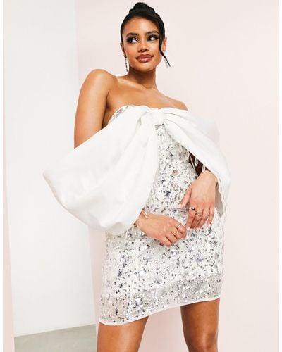ASOS Bardot Sleeve Embellished Crusted Mini Dress - White