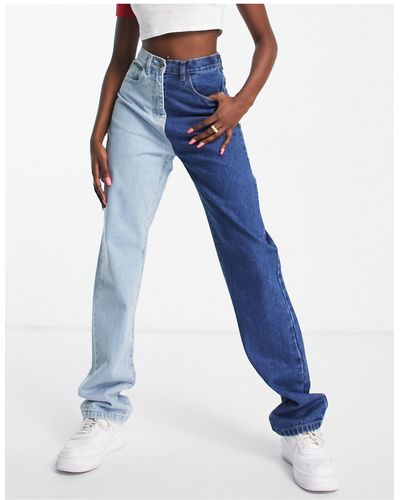 Rebellious Fashion Jean droit bicolore en deux parties - Bleu