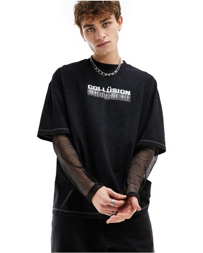 Collusion Mock Smesh Sleeve Skater Top With Logo Print - Black