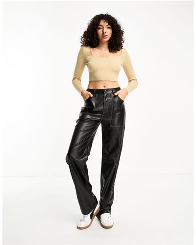 ONLY High Waisted Wide Leg Faux Leather Contrast Stitch Trousers - Black