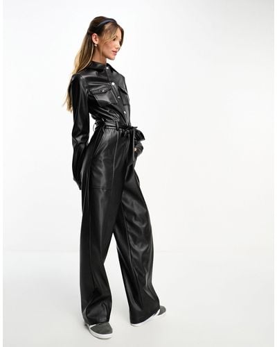 Miss Selfridge Faux Leather Utility Boilersuit - Black