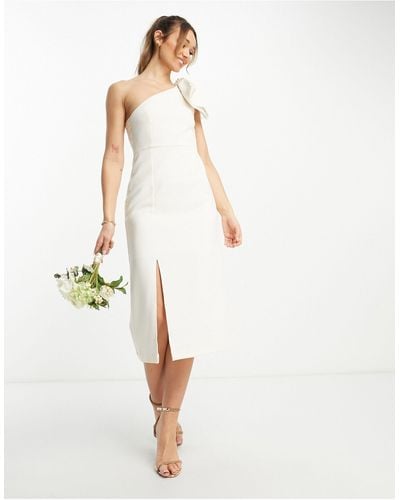 Y.A.S Bridal One Shoulder Bow Detail Midi Dress - White