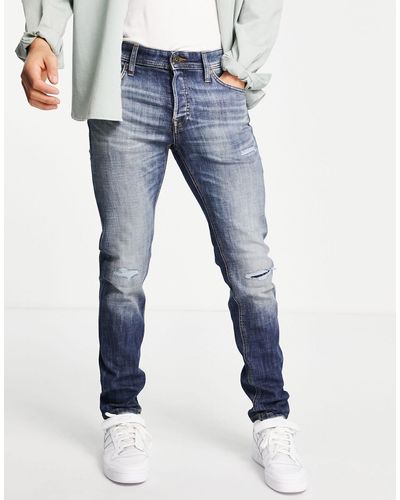 Jack & Jones Intelligence - glenn - jeans super elasticizzati slim slavato con strappi sulle ginocchia - Blu